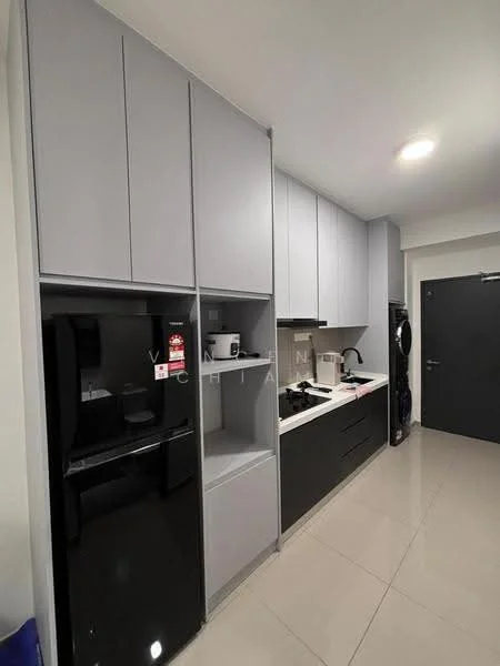 Kitchen features: grey cabinetry, black refrigerator, built-in microwave, black countertop, stainless-steel sink, chrome pull-down faucet, ceramic tile flooring, recessed downlights, wall-mounted cabinets, kitchen appliances visible; style: modern.