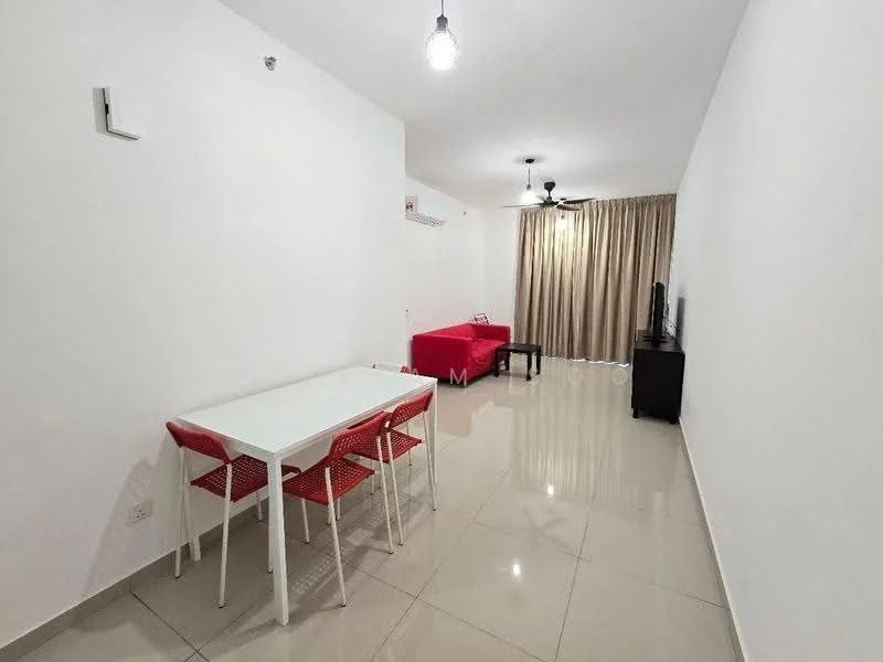 Living features: white painted walls, glossy tile flooring, ceiling fan, 2-bulb pendant light, red fabric sofa, TV console, wall-mounted TV, dining table with 4 red chairs, floor-to-ceiling curtains; style: modern.