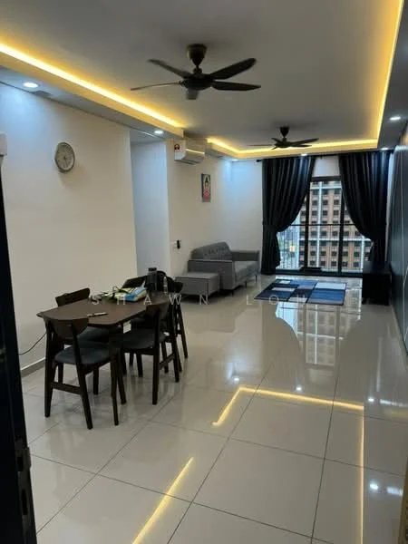 Living features: grey fabric sofa, 3-seater sofa, wooden dining table with 4 chairs, ceiling with recessed LED lighting, 2 ceiling fans, large window with city view, blackout curtains, tile flooring, wall clock, decorative wall art; style: modern; view: city.