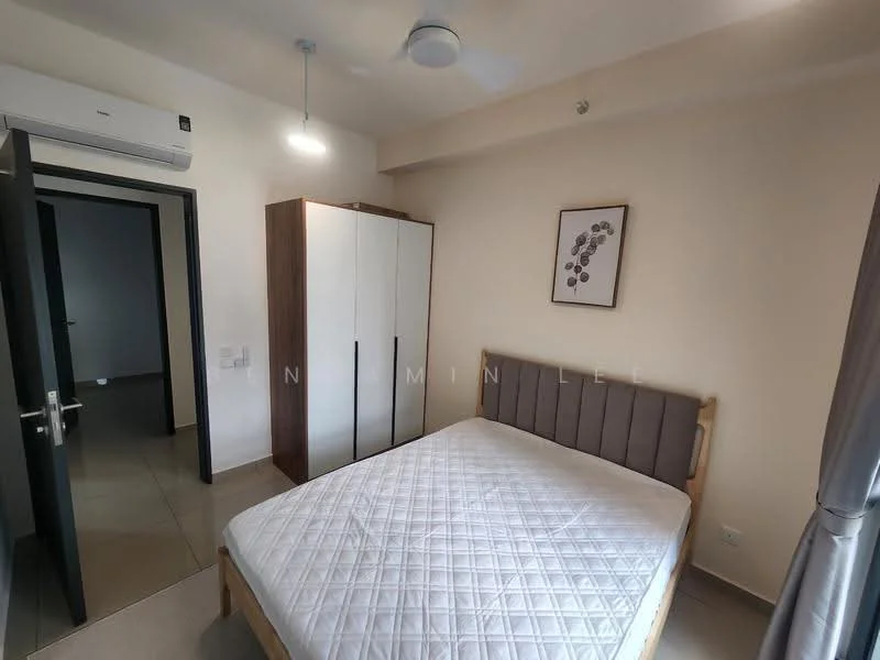 Bedroom features: queen-size bed, upholstered headboard, built-in wardrobe with sliding doors, wall-mounted air conditioning unit, ceiling fan, light fixture, neutral painted walls, tile flooring, decorative wall art; style: modern.