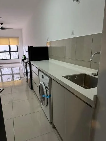 Kitchen features: white quartz countertop, single-bowl stainless-steel sink, chrome pull-down faucet, built-in washing machine, white cabinetry, grey tiled backsplash, recessed downlights, floor-to-ceiling window, ceramic tile flooring, ceiling fan; style: modern.