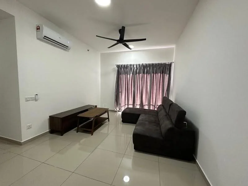 Living features: 3-seater fabric sofa in dark grey, coffee table, TV console, wall-mounted split AC, 5-blade ceiling fan with light, floor-to-ceiling windows with sheer curtains, glossy tile flooring, white painted walls, recessed downlights; style: modern.