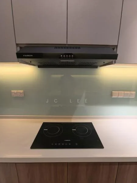 Kitchen features: black range hood, glass backsplash, white countertop, induction cooktop, under-cabinet lighting, grey cabinetry, wooden lower cabinets, two electrical outlets; style: modern.