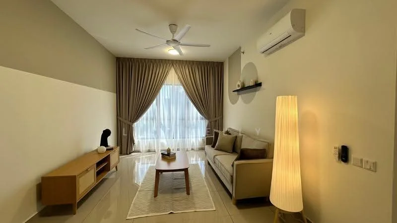 Living features: 3-seater fabric sofa in light grey, wooden coffee table, floor lamp, TV console, wall-mounted shelf, curtains, ceiling fan with light, wall-mounted air conditioning unit, glossy tile flooring, large window with sheer curtains, decorative items on shelf; style: modern.