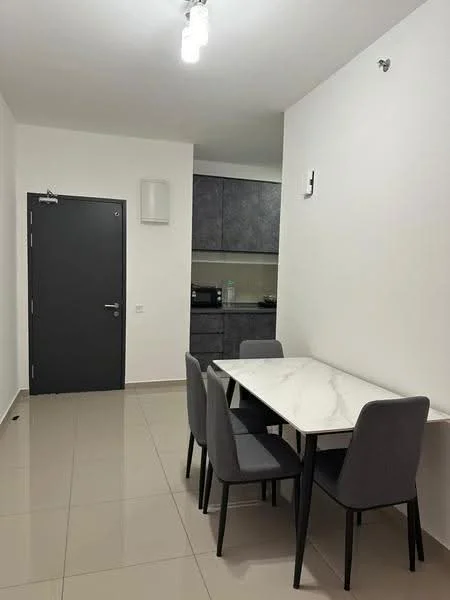 Dining features: marble dining table, 4 upholstered dining chairs in grey, grey cabinetry, built-in microwave, black countertop, white painted walls, tile flooring, recessed ceiling lights, wall-mounted air conditioning unit, door with dark finish; style: modern.