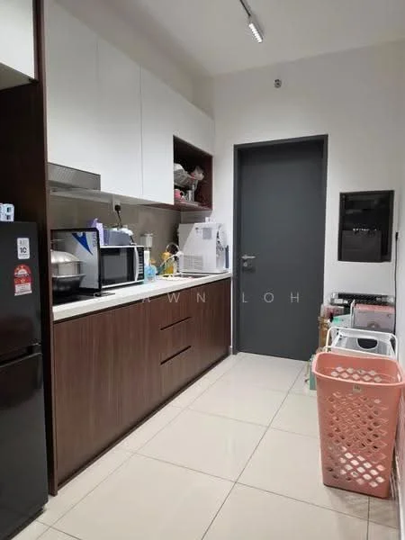 Kitchen features: white upper cabinets, brown lower cabinets, granite countertop, stainless-steel fridge, microwave, built-in oven, dishwasher, sink, tile flooring, recessed lighting, wall-mounted mailbox, laundry basket, open shelving; style: modern.