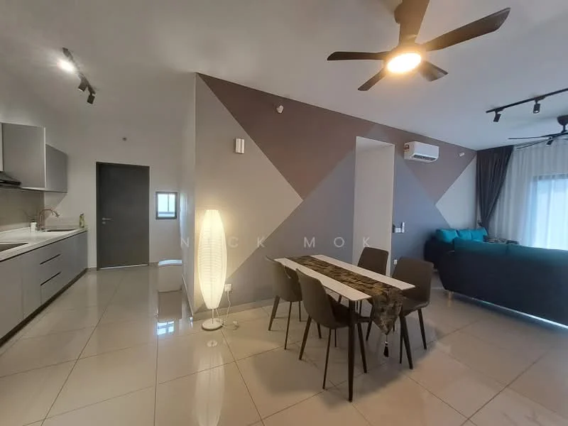 Living features: grey accent wall, white painted walls, polished tile flooring, 5-blade ceiling fan with light, sofa in teal, floor-to-ceiling windows with sheer curtains, dining table with 6 chairs, decorative floor lamp, recessed LED downlights, air conditioning unit; style: modern. Kitchen features: white cabinetry, stainless-steel sink, built-in oven, freestanding range oven, ceramic tile backsplash, countertop with overhang, recessed lighting; style: modern.