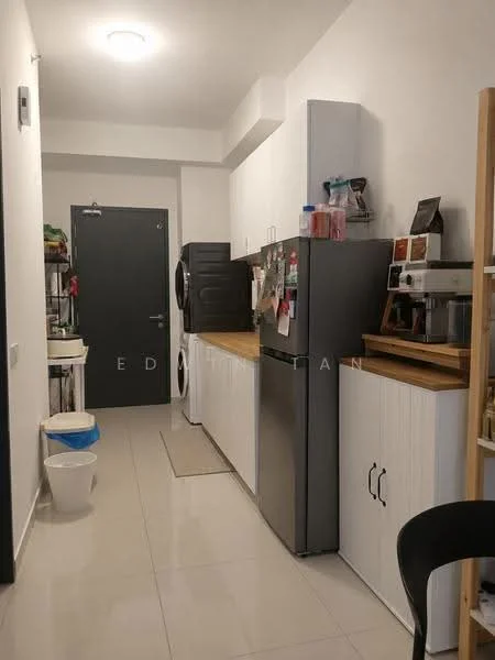 Kitchen features: white cabinetry, stainless-steel fridge, built-in oven, microwave, wood countertop, ceramic tile flooring, wall-mounted cabinets, open shelving, washing machine, black kitchen appliances, recessed ceiling lights, grey painted walls; style: modern.