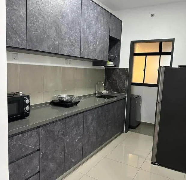 Kitchen features: grey laminate cabinetry, black granite countertop, stainless-steel sink, chrome pull-down faucet, built-in microwave, freestanding fridge, gas stove with cooking pot, tile backsplash, white tiled walls, glossy floor tiles; style: modern.