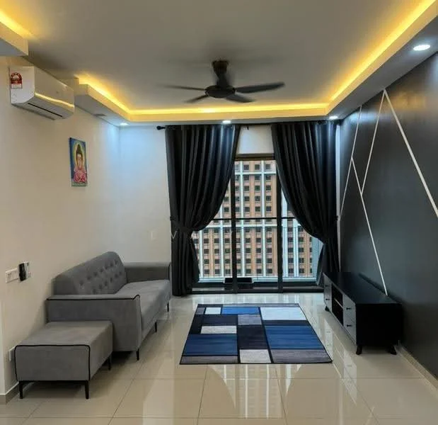Living features: grey fabric 3-seater sofa, black TV console, area rug with geometric pattern in blue, floor-to-ceiling windows, blackout curtains, white painted walls, accent wall with geometric design, recessed LED downlights, 1 wall-mounted split AC, ceiling fan with light; style: modern; view: city.