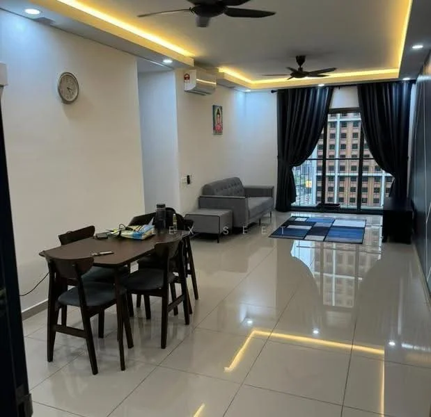 Living features: grey fabric sofa, dining table with four wooden chairs, wall-mounted air conditioning unit, ceiling fan with light, recessed LED lighting, large window with city view, dark curtains, white walls, glossy tile flooring, wall clock, decorative artwork on wall, area rug; style: modern; view: city.
