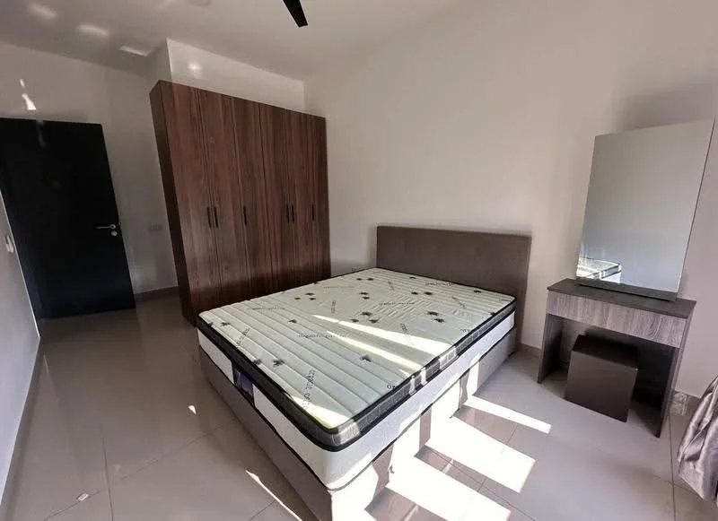 Bedroom features: queen-size bed, upholstered headboard, built-in wardrobe with wood finish, mirror on dresser, wooden dresser, tile flooring, white painted walls, ceiling fan; style: modern.