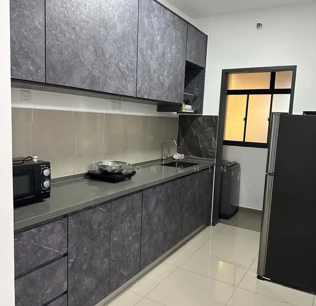 Kitchen features: dark grey cabinetry, black granite countertop, stainless-steel sink, chrome pull-down faucet, built-in microwave, freestanding fridge, ceramic tile flooring, white tiled backsplash, gas stove with wok burner, under-cabinet lighting, window with black frame, grey walls; style: modern.