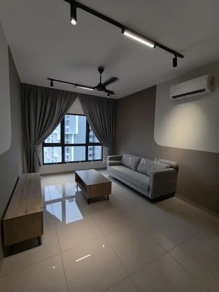 Living features: grey fabric sofa, wooden coffee table, wooden TV console, floor-to-ceiling windows, sheer curtains, dark grey accent wall, light grey painted walls, recessed LED downlights, 5-blade ceiling fan with light, wall-mounted split AC, glossy tile flooring; style: modern; view: city.