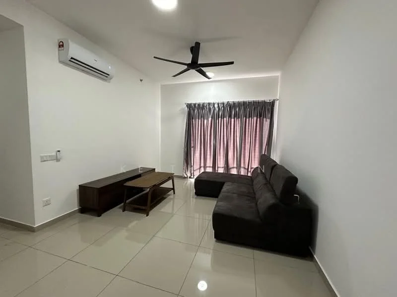 Living features: 3-seater fabric sofa in dark grey, coffee table, wall-mounted split AC, floor-to-ceiling window with sheer curtains, light-colored walls, glossy tile flooring, ceiling fan with light, recessed downlights; style: modern.