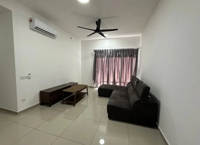 Living features: 3-seater fabric sofa in dark grey, coffee table, wall-mounted TV, 1 wall-mounted split AC, 5-blade ceiling fan with light, floor-to-ceiling windows, sheer curtains, white painted walls, glossy ceramic tile flooring; style: modern.