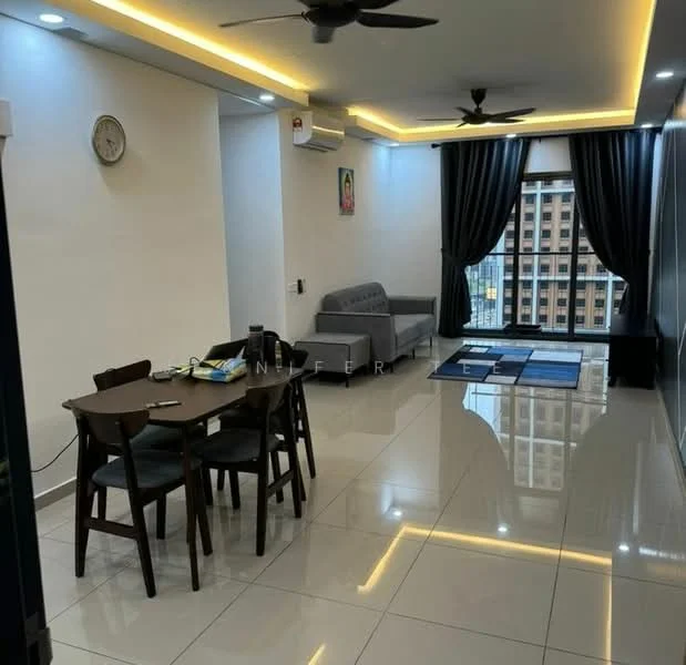 Living features: grey fabric sofa, 4-seater dining table, black dining chairs, white walls, recessed LED downlights, ceiling fan, large window with city view, floor-to-ceiling curtains, polished tile flooring, wall-mounted air conditioning unit, decorative wall art, area rug; style: modern; view: city.