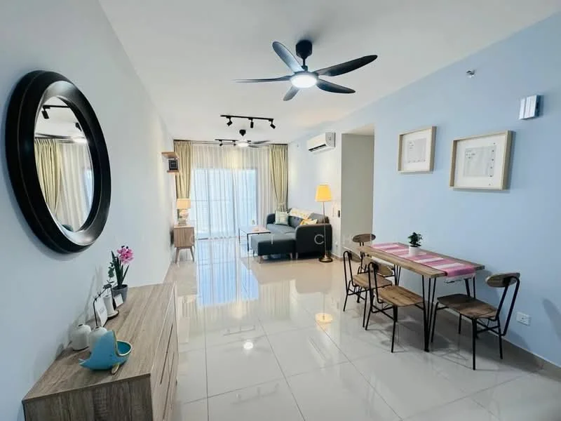 Living features: light blue painted walls, glossy tile flooring, 5-blade ceiling fan with light, sofa in dark blue fabric, coffee table, TV console, wall-mounted TV, area rug, floor-to-ceiling windows with sheer curtains, decorative mirror, side table with lamp, dining table with 4 metal chairs; style: modern; view: city.