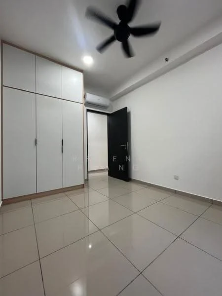 Room features: white painted walls, cream tiled flooring, 5-blade ceiling fan, built-in wardrobe with sliding doors, wall-mounted air conditioning unit, black door, light switch, baseboards; style: modern.