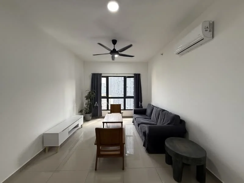 Living features: grey fabric sofa, wooden coffee table, 2 wooden chairs, ceiling fan with light, wall-mounted air conditioning unit, floor-to-ceiling windows, curtains, light-colored tiled flooring, indoor plant, white TV console; style: modern; view: city.