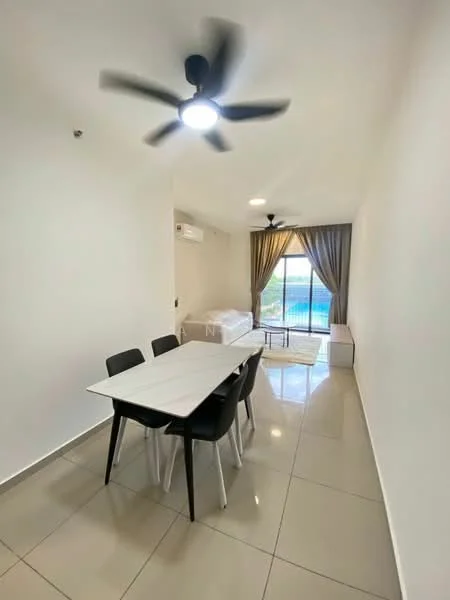 Dining features: 4-seater dining table with white top, black dining chairs, wall-mounted split AC, light grey tiled flooring, white painted walls, ceiling fan with light, floor-to-ceiling sliding glass door, curtains, view of outdoor area; style: modern; view: garden. Living features: sofa, side table, natural light from sliding glass door; style: modern; view: garden.