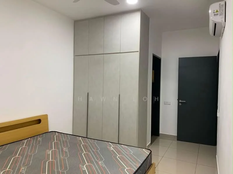 Bedroom features: queen-size bed, built-in wardrobe with grey finish, white painted walls, ceiling fan, wall-mounted split AC, tile flooring, dark door, neutral color scheme; style: modern.