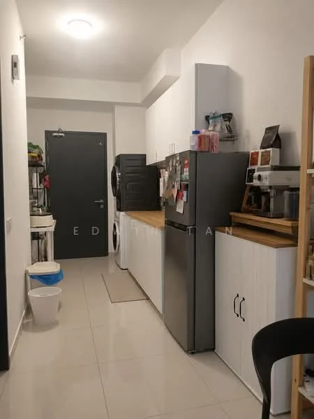 Kitchen features: white cabinetry, wood countertop, stainless-steel fridge, built-in washing machine, microwave, ceramic tile flooring, recessed ceiling lights, black door, open shelving, trash bin, kitchen utensils on countertop; style: modern.