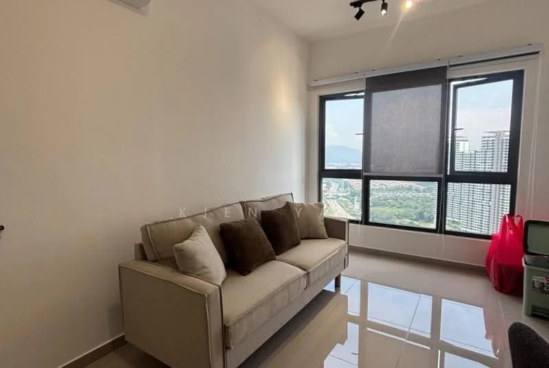 Living features: cream painted walls, glossy tile flooring, floor-to-ceiling windows, city view, 3-seater fabric sofa in beige, decorative cushions in brown, recessed downlights, roller blinds; style: modern; view: city.