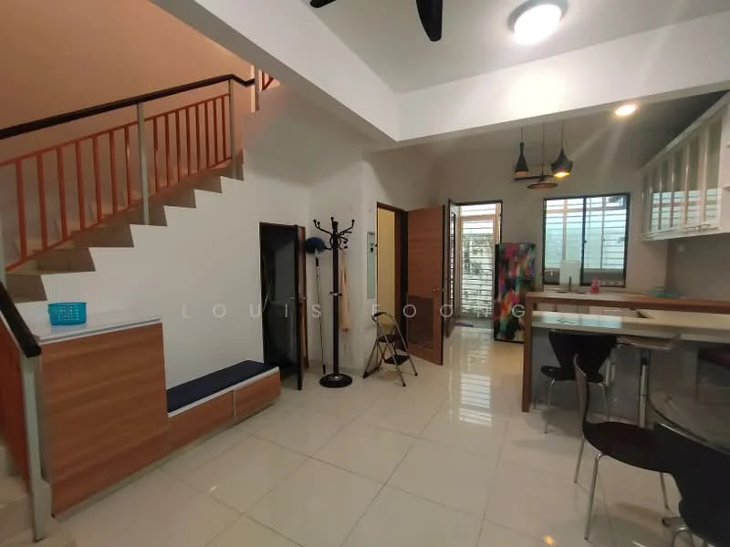Living features: white painted walls, glossy ceramic tile flooring, 5-blade ceiling fan with light, recessed downlights, staircase with wooden railing, large window with blinds, open layout, dining table with chairs, coat rack, bench seating, decorative wall art; style: modern.