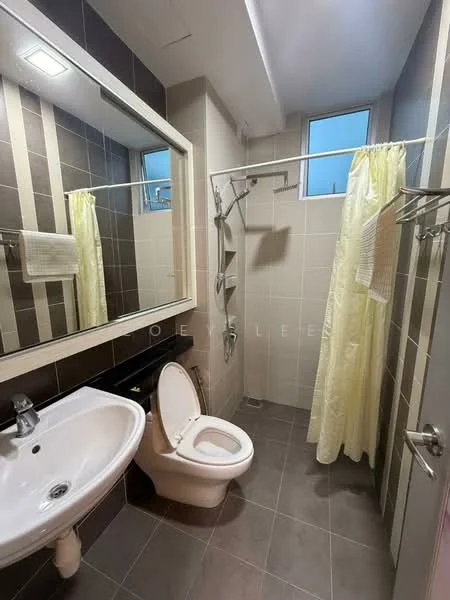 Bathroom features: white ceramic sink, chrome basin mixer faucet, one-piece toilet, walk-in shower with glass enclosure, handheld shower, shower curtain, large mirror with frame, grey tile flooring, beige tile walls, towel rack, window for natural light; style: modern.