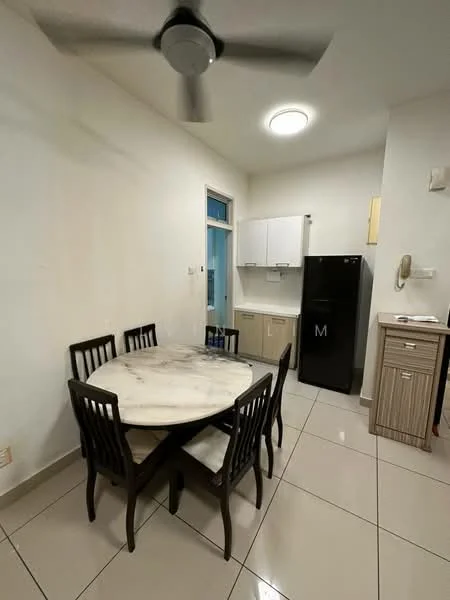 Dining features: round marble dining table, 4 dining chairs, white painted walls, tile flooring, ceiling fan, recessed ceiling light, black fridge, built-in cabinets, kitchen countertop, kitchen sink; style: modern.