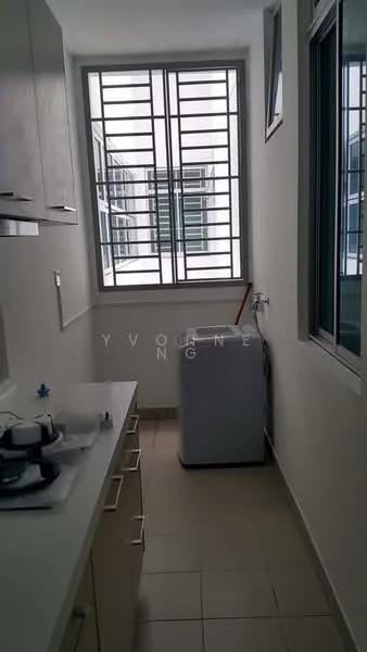 Laundry features: white cabinetry, white countertop, single-bowl stainless-steel sink, washing machine, tile flooring, large windows, metal grilles on windows, neutral wall colour; style: modern.