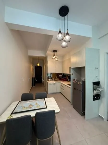 Kitchen features: white cabinetry, grey countertop, stainless-steel fridge, built-in oven, 4-burner gas hob, pendant lighting with multiple bulbs, tile flooring, open layout to dining area, wall-mounted storage, dining table with four grey upholstered chairs; style: modern. Dining features: dining table, four grey upholstered chairs; style: modern.