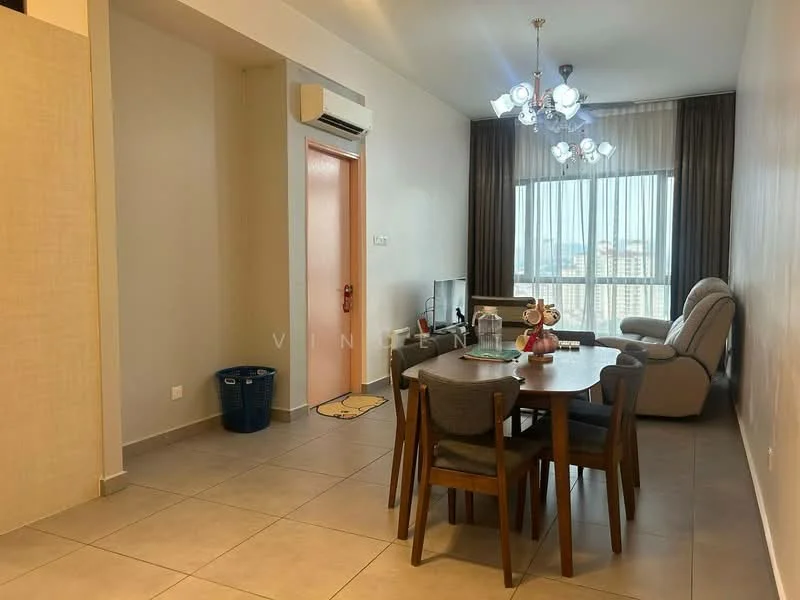 Living features: grey tiled flooring, white painted walls, large window with city view, curtains, sofa chair in beige, coffee table, TV console, wall-mounted TV, ceiling light fixture with multiple bulbs, air conditioning unit, dining table with four chairs, decorative items on table; style: modern; view: city. Room features: grey tiled flooring, white painted walls, door leading to hallway, basket for storage.
