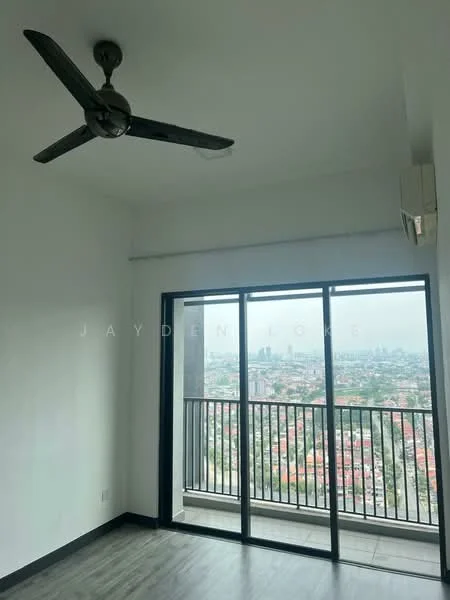 Room features: white painted walls, grey laminate flooring, 5-blade ceiling fan, floor-to-ceiling windows, sliding glass door, black railing, city view, wall-mounted split AC; style: modern; view: city.