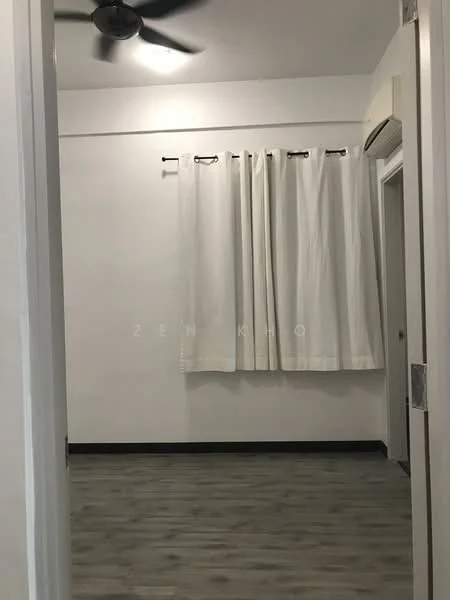 Room features: white painted walls, laminate flooring, 5-blade ceiling fan, floor-to-ceiling curtains, air conditioning unit, door frame, door handle.