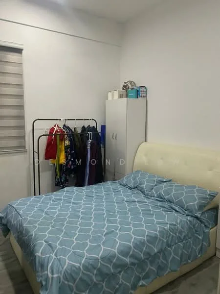 Bedroom features: king-size bed with upholstered headboard, blue patterned bedding, white painted walls, laminate flooring, floor-to-ceiling window with sheer blinds, clothing rack with hanging clothes, white wardrobe cabinet; style: modern.