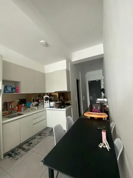 Kitchen features: white cabinetry, stainless-steel sink, chrome pull-down faucet, built-in oven, freestanding range oven, microwave, ceramic tile flooring, refrigerator, black dining table, white dining chairs, countertop with space for appliances, wall-mounted cabinets, open shelving, light fixture on ceiling; style: modern.