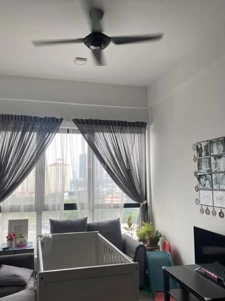 Bedroom features: grey ceiling fan, floor-to-ceiling windows, sheer curtains, blackout curtains, white painted walls, light-coloured flooring, TV console, potted plants, decorative wall art, crib, sofa, coffee table; style: modern; view: city.