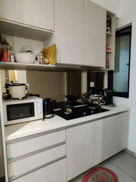 Kitchen features: light-colored cabinetry, white countertop, built-in microwave, stainless-steel kettle, stainless-steel gas hob, multiple cooking pots on stove, black kitchen sink, window above sink, grey tiled flooring, red circular rug; style: modern.