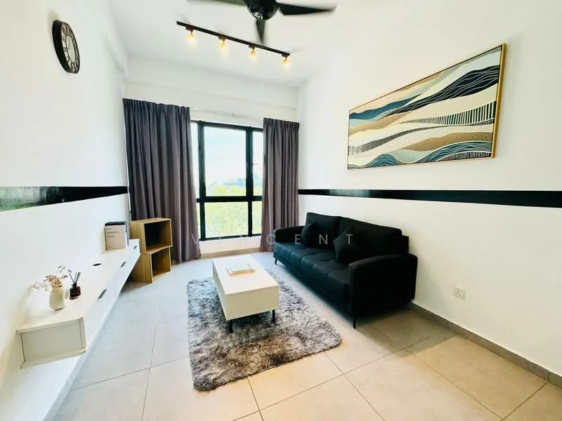 Living features: black 3-seater fabric sofa, white coffee table, grey area rug, wall-mounted clock, framed abstract artwork, floor-to-ceiling window, sheer curtains, recessed downlights, ceiling fan; style: modern; view: city.