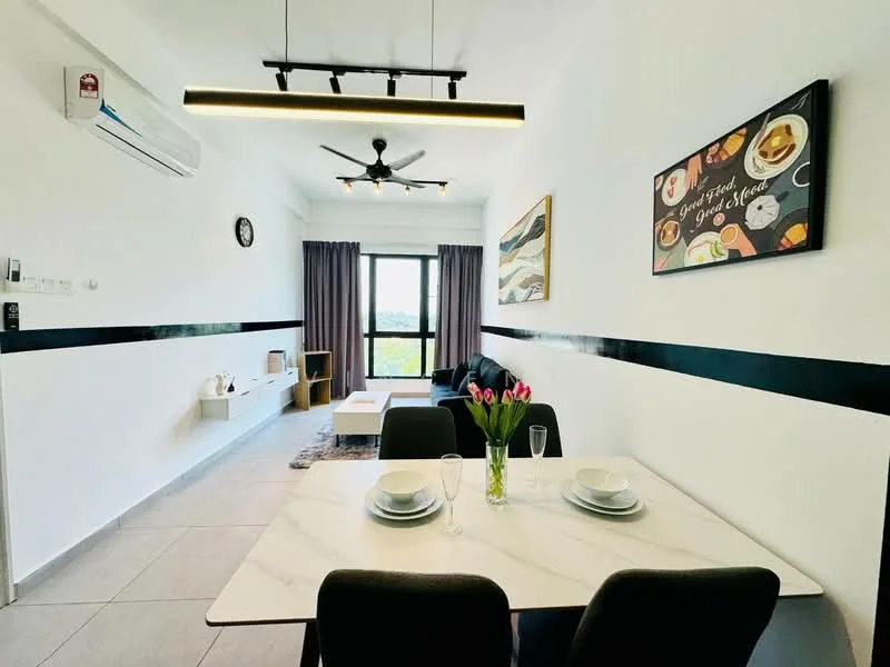 Dining features: marble dining table, 4 upholstered dining chairs, ceiling fan with light, wall-mounted air conditioning unit, wall clock, framed artwork, grey area rug, floor-to-ceiling windows, curtains, white painted walls, tile flooring; style: modern; view: city. Living features: sofa, TV console, wall-mounted TV, decorative wall art; style: modern; view: city.