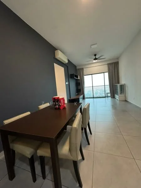 Dining features: dark wooden dining table, 6 upholstered dining chairs in cream, grey accent wall, large floor-to-ceiling window, curtains in light fabric, tile flooring in light grey, ceiling fan, wall-mounted TV unit, air conditioning unit; style: modern; view: city.