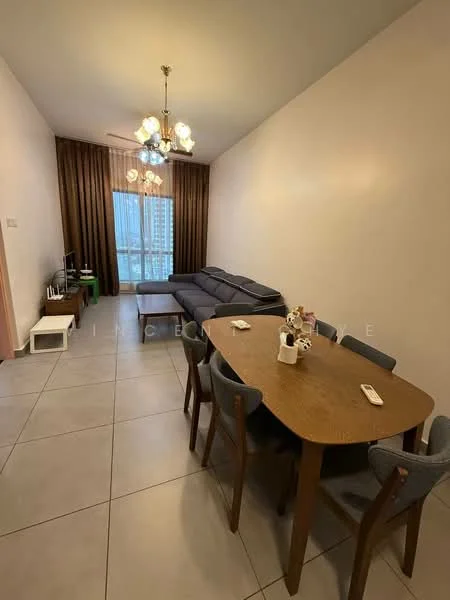 Living features: grey fabric sectional sofa, wooden dining table, upholstered dining chairs, floor-to-ceiling windows, sheer curtains, chandelier with multiple bulbs, TV console, ceramic tile flooring, decorative wall art, area rug, wall-mounted TV; style: modern; view: city.