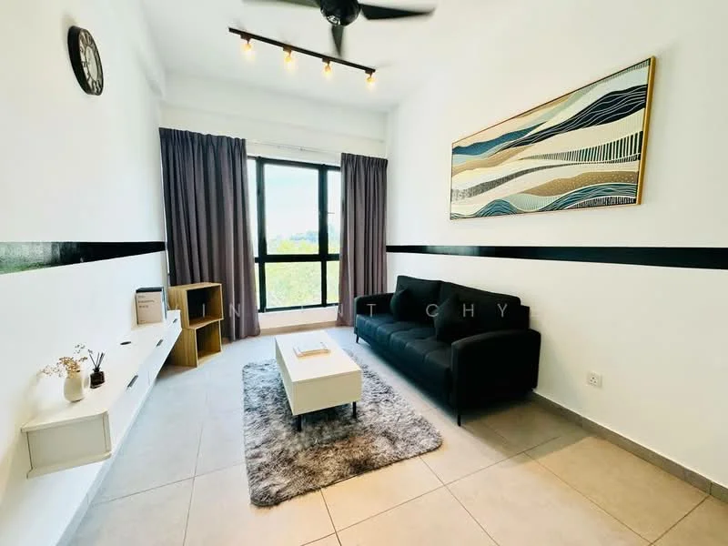 Living features: 3-seater fabric sofa in black, coffee table in white, area rug with geometric pattern, floor-to-ceiling windows, curtains in dark grey, wall-mounted clock, decorative wall art, light grey tiled flooring, ceiling fan with light, built-in shelf; style: modern; view: city.