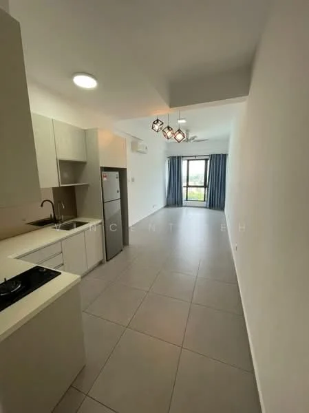 Kitchen features: white cabinetry, stainless-steel fridge, built-in oven, 4-burner gas hob, single-bowl stainless-steel sink, chrome pull-down faucet, white tiled backsplash, grey tiled flooring, recessed downlights; style: modern; view: city. Living features: floor-to-ceiling windows, sliding glass door, ceiling fan, light fixture with multiple bulbs, grey tiled flooring, neutral painted walls; style: modern; view: city.
