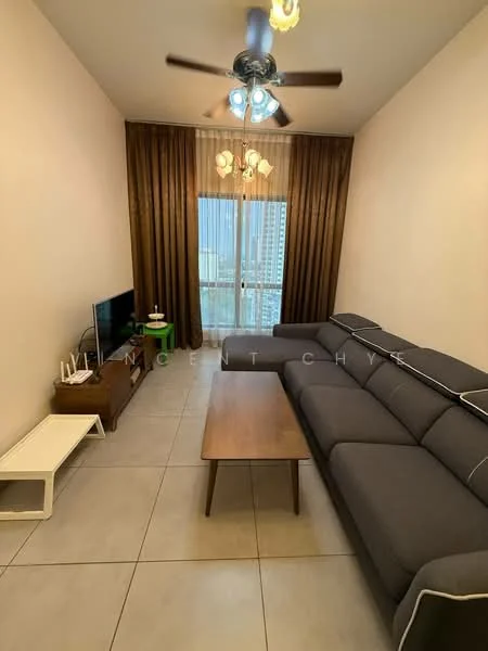 Living features: 3-seater fabric sofa in grey, wooden coffee table, white TV console, wall-mounted TV, floor-to-ceiling windows, sheer curtains, brown curtains, ceiling fan with light, tile flooring, decorative wall, area rug; style: modern; view: city.