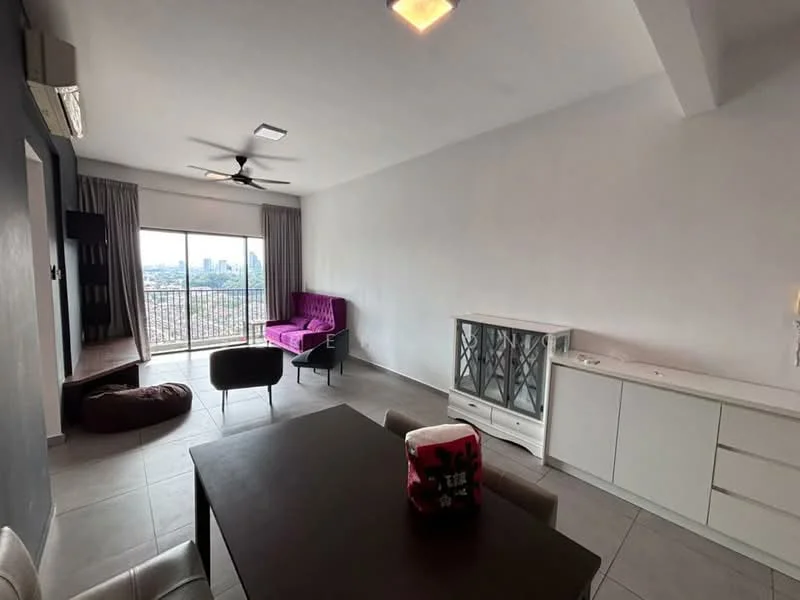 Living features: grey accent wall, white painted walls, tile flooring, 5-blade ceiling fan with light, floor-to-ceiling windows, curtains, purple fabric sofa, black armchair, wooden coffee table, white sideboard, bean bag, TV console; style: modern; view: city.