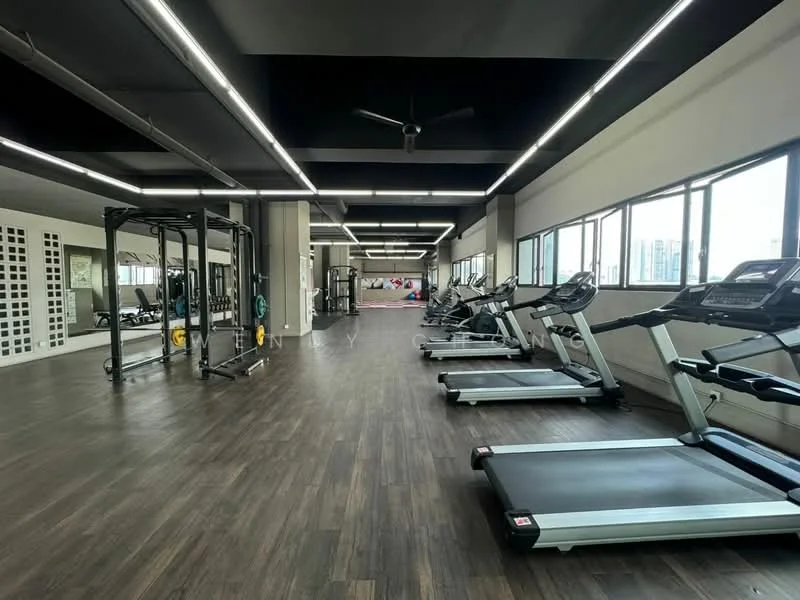 Room features: wooden flooring, large windows, black ceiling, recessed LED downlights, ceiling fan, treadmills, weight training equipment, mirrored wall, open layout, gym equipment, exercise mats; style: modern; view: city.