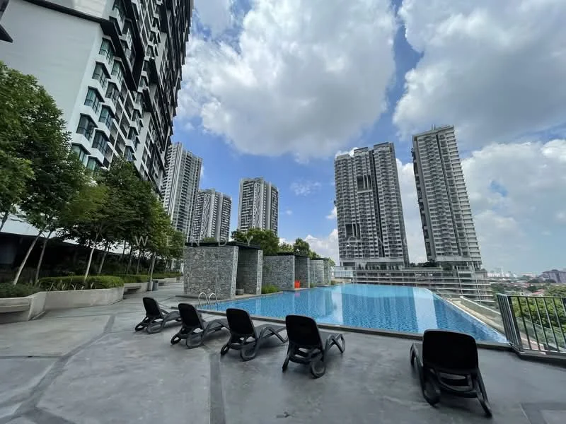 Exterior type: high-rise condominium; features: infinity pool, pool deck with loungers, surrounded by landscaped greenery, concrete paving, city skyline in background, multiple high-rise buildings; style: modern.